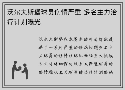 沃尔夫斯堡球员伤情严重 多名主力治疗计划曝光