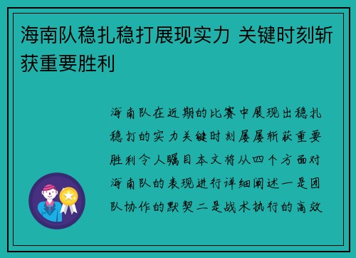 海南队稳扎稳打展现实力 关键时刻斩获重要胜利