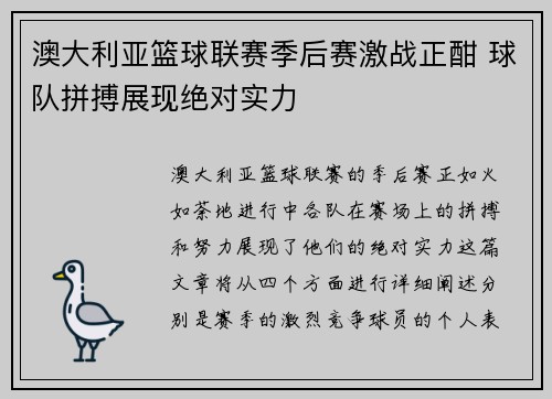 澳大利亚篮球联赛季后赛激战正酣 球队拼搏展现绝对实力