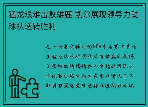 猛龙艰难击败雄鹿 凯尔展现领导力助球队逆转胜利