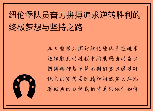 纽伦堡队员奋力拼搏追求逆转胜利的终极梦想与坚持之路